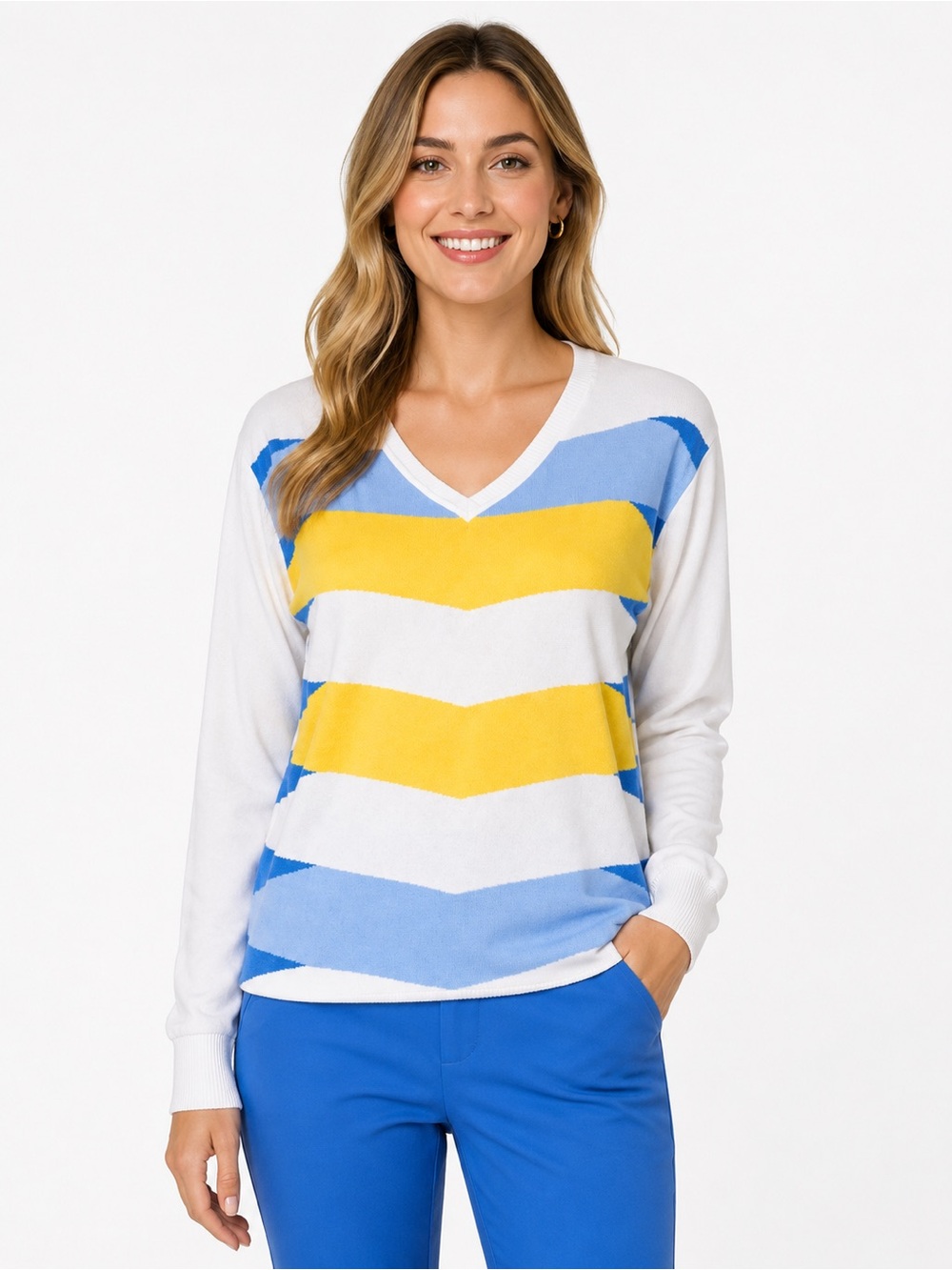 White V-Neck Sweater with Blue and Yellow Chevron Stripes